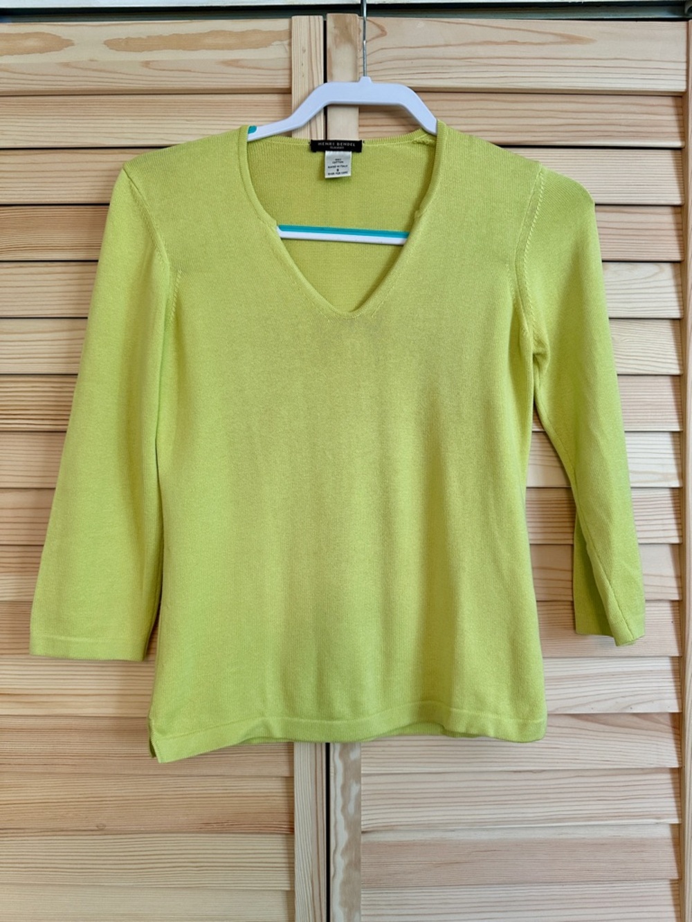 Henri Bendel Classics Knit Sweater Green Women Small Cotton V Neck 3/4‎ Sleeve